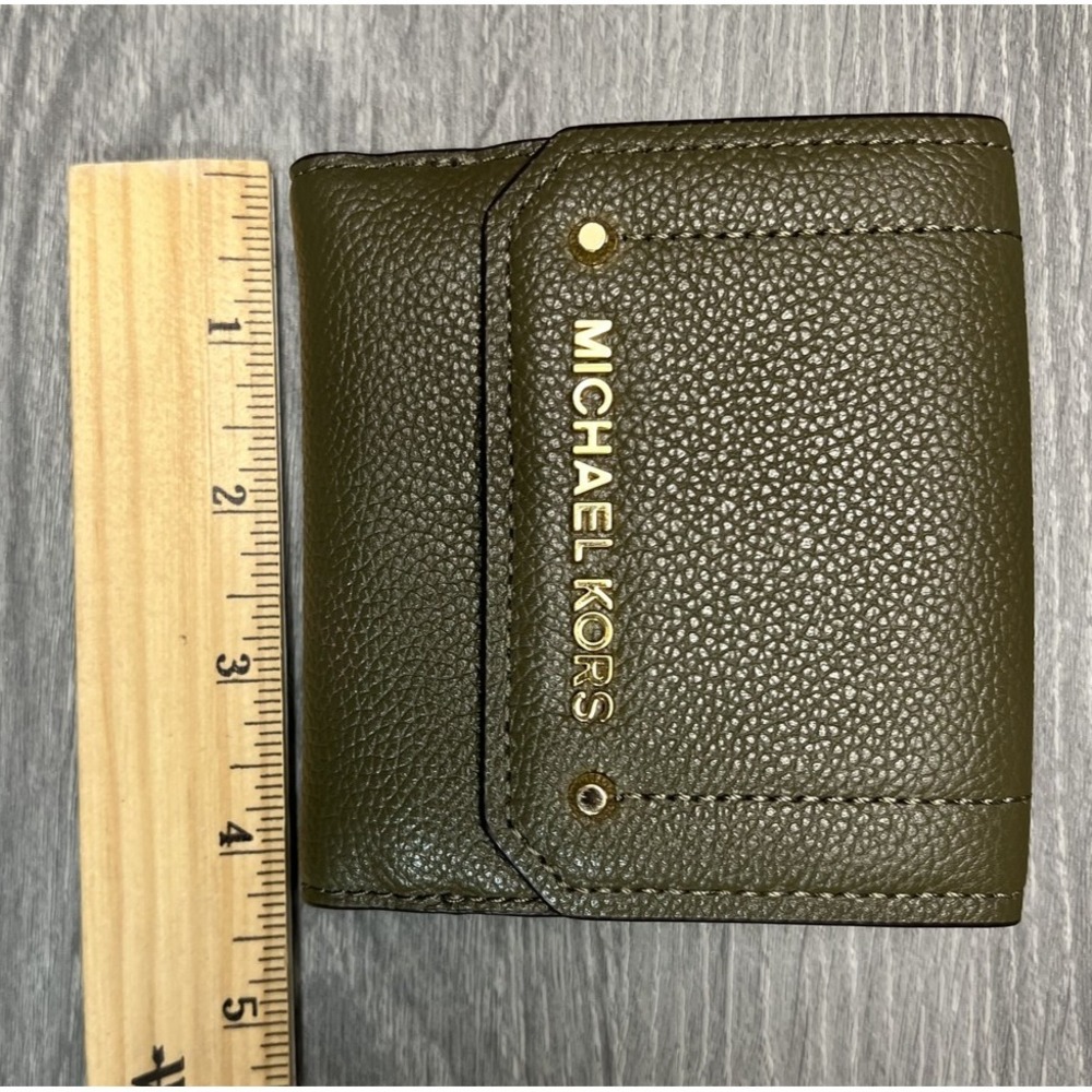 Michael Kors Hayes Small Tri-Fold Wallet Olive Green Pebbled Leather Gold Logo - Picture 11 of 11